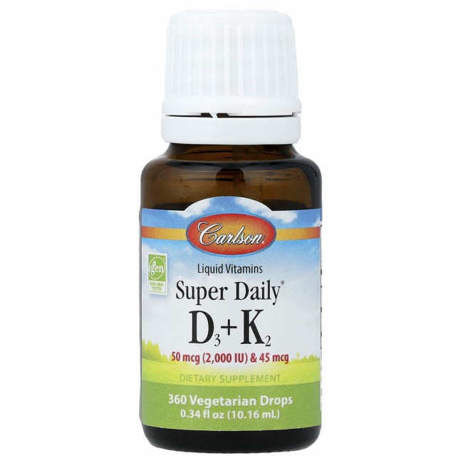 Carlson Labs, Super Daily витамины D3 и K2 в жидкой форме, 25 мкг (1000 МЕ) и 22,5 мкг, растительная формула, 360 вегетарианских капель, 10,16 мл (0,34 жидк. унции)