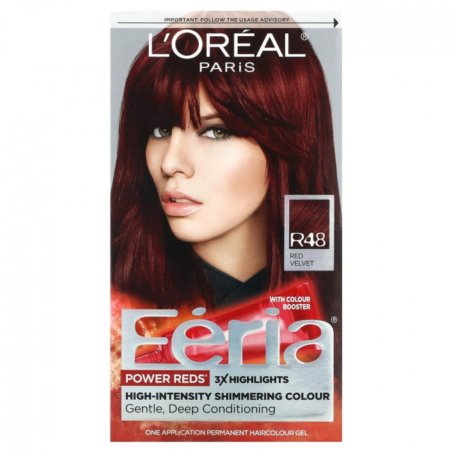 L'Oréal, Feria, Power Reds, высокоинтенсивный мерцающий цвет, R48 Красный бархат, 1 применение L'Oréal, Feria, Power Reds, высокоинтенсивный мерцающий цвет, R48 Красный бархат, 1 применение