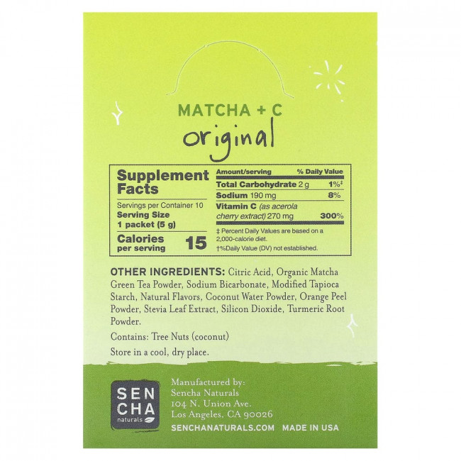 Sencha Naturals, Матча с витамином C, оригинальный продукт, 10 пакетиков по 5 г (0,18 унции)