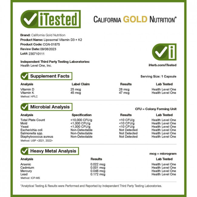 California Gold Nutrition, липосомальные витамины K2 и D3, 60 вегетарианских капсул California Gold Nutrition, липосомальные витамины K2 и D3, 60 вегетарианских капсул