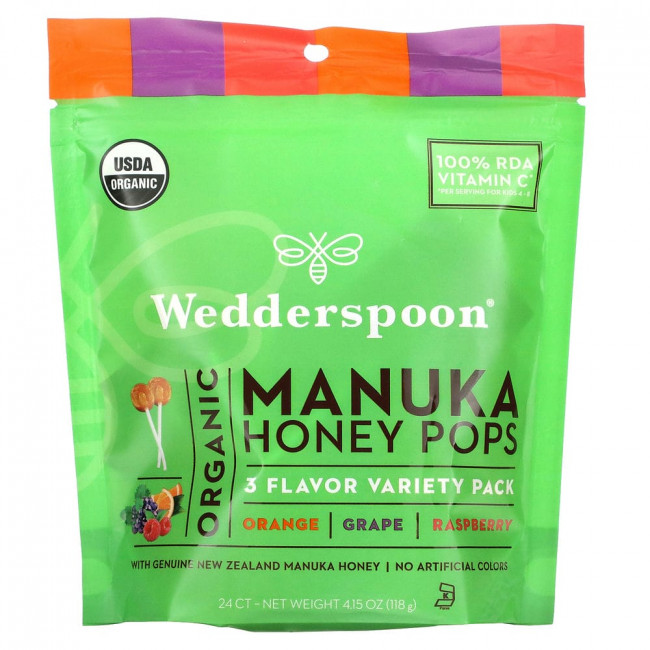 Wedderspoon, Органические леденцы с медом манука, ассорти из 3 вкусов, 24 леденца, 118 г (4,15 унции) Wedderspoon, Органические леденцы с медом манука, ассорти из 3 вкусов, 24 леденца, 118 г (4,15 унции)