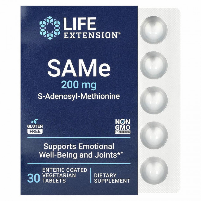 Life Extension, SAMe, S-аденозил-метионин, 200 мг, 30 таблеток, покрытых кишечнорастворимой оболочкой Life Extension, SAMe, S-аденозил-метионин, 200 мг, 30 таблеток, покрытых кишечнорастворимой оболочкой