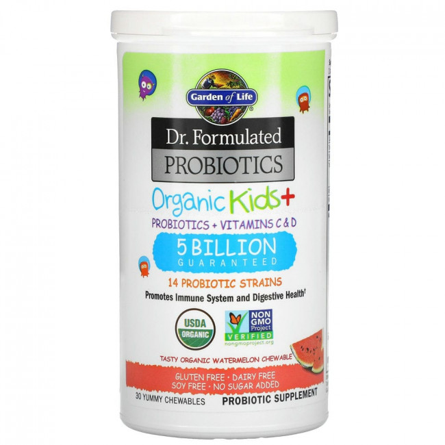 Garden of Life, Dr. Formulated Probiotics, Organic Kids +, со вкусом органического арбуза, 30 вкусных жевательных таблеток Garden of Life, Dr. Formulated Probiotics, Organic Kids +, со вкусом органического арбуза, 30 вкусных жевательных таблеток