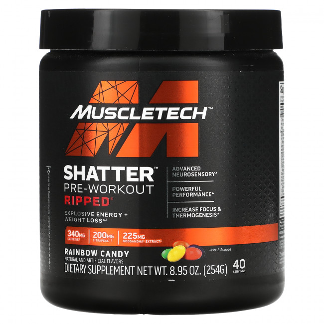 MuscleTech, Shatter Pre-Workout, Ripped, радужные конфеты, 254 г (8,95 унции) MuscleTech, Shatter Pre-Workout, Ripped, радужные конфеты, 254 г (8,95 унции)