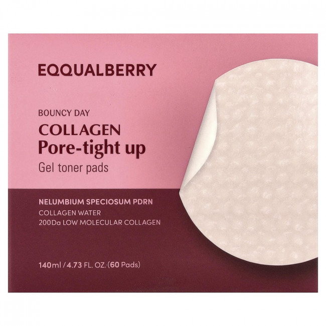 EQQUALBERRY, Bouncy Day, Collagen Pore-Tight Up, Gel Toner Pads, 60 Pads