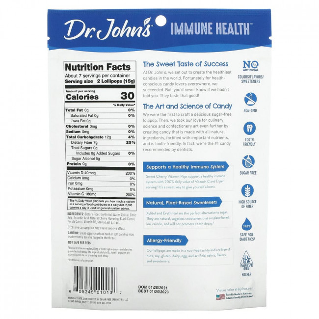 Dr. John's Healthy Sweets, Immune Health, леденцы со вкусом леденцов, + 200% суточной нормы витаминов C и D, черешня, без сахара, 14 леденцов на палочке в индивидуальной упаковке, 109 г (3,85 унции)