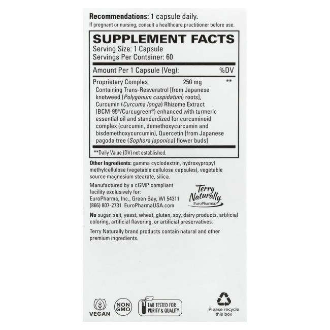 Terry Naturally, комплекс ресвератрола с куркумином и кверцетином BCM-95®, 60 капсул.