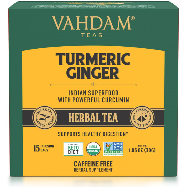 Vahdam Teas, травяной чай, куркума и имбирь, без кофеина, 15 чайных пакетиков, 30 г (1,06 унции) Vahdam Teas, травяной чай, куркума и имбирь, без кофеина, 15 чайных пакетиков, 30 г (1,06 унции)