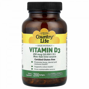Country Life, Vitamin D3, High Potency, 250 mcg (10,000 IU), 200 Softgels Country Life, Vitamin D3, High Potency, 250 mcg (10,000 IU), 200 Softgels