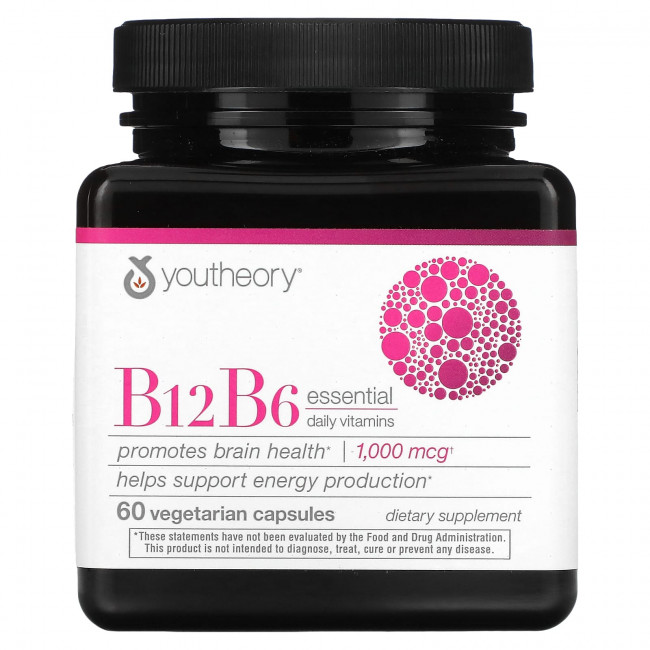 Youtheory, B12, B6, незаменимые ежедневные витамины, 1000 мкг, 60 вегетарианских капсул Youtheory, B12, B6, незаменимые ежедневные витамины, 1000 мкг, 60 вегетарианских капсул