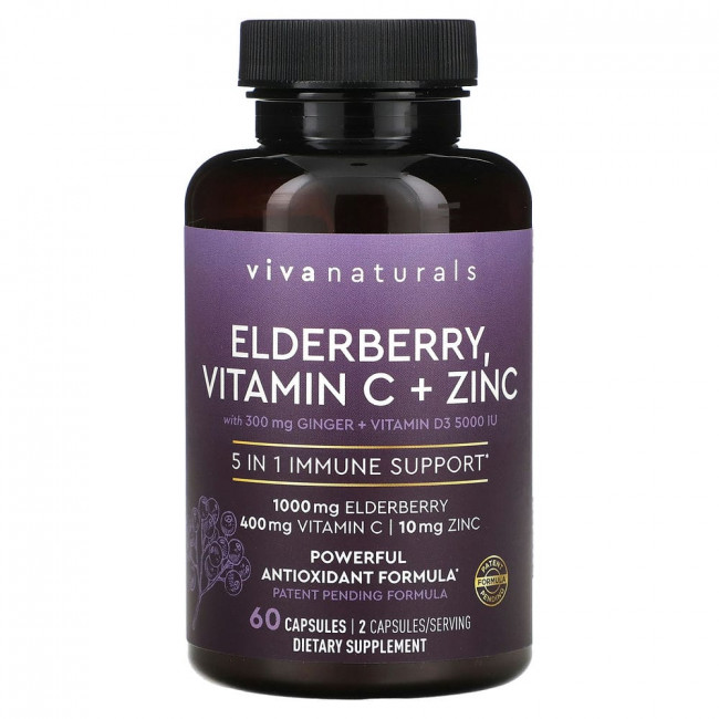Viva Naturals, бузина, витамин C и цинк, 60 капсул