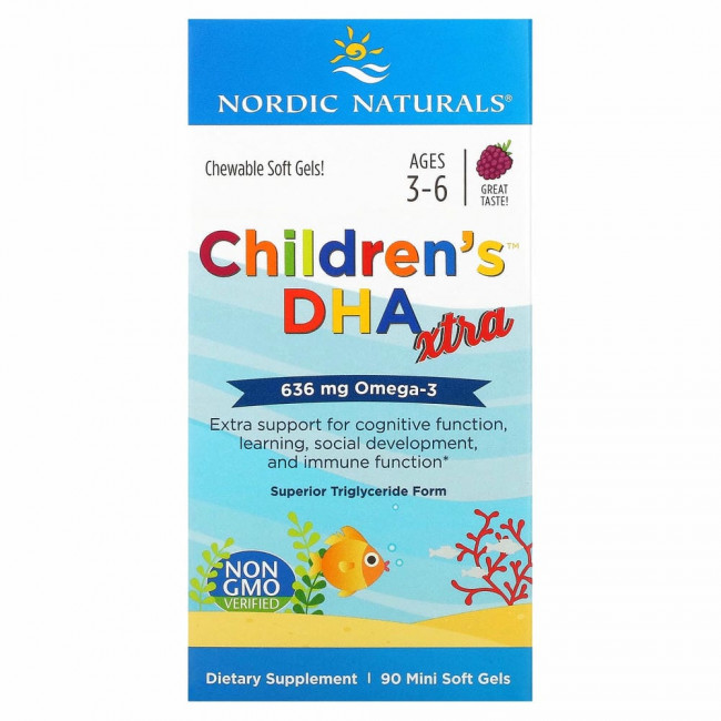 Nordic Naturals, Children's DHA Xtra, для детей от 3 до 6 лет, ягодный вкус, 636 мг, 90 мини-таблеток