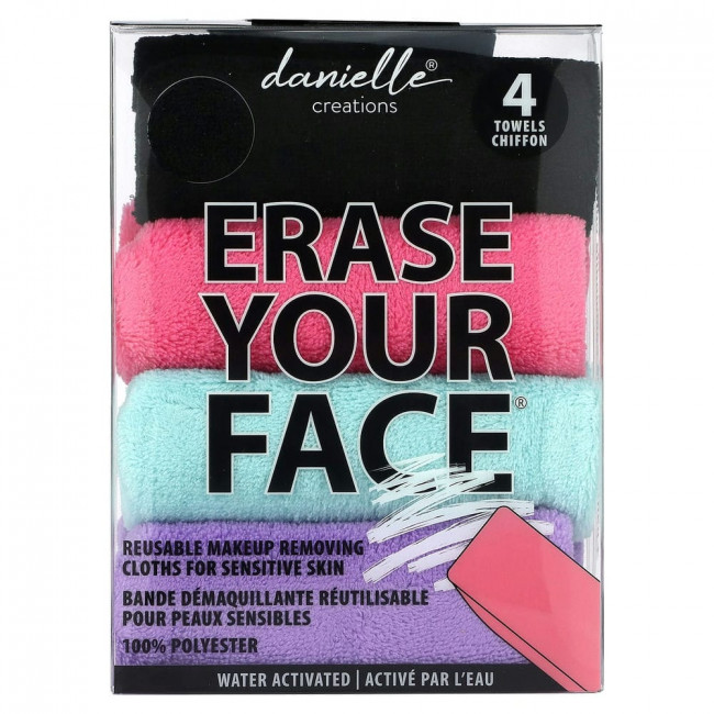 Erase Your Face, Многоразовые салфетки для снятия макияжа, разные цвета, 4 салфетки Erase Your Face, Многоразовые салфетки для снятия макияжа, разные цвета, 4 салфетки