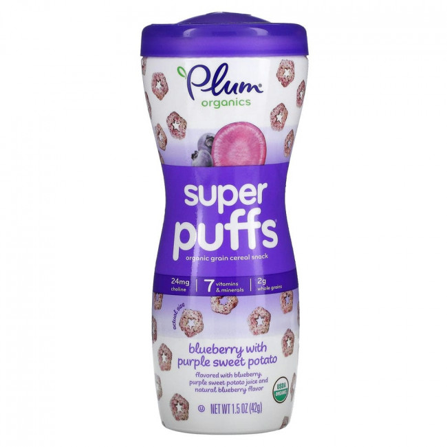 Plum Organics, Super Puffs, снек из органических злаков, голубика и фиолетовый батат, 42 г (1,5 унции)