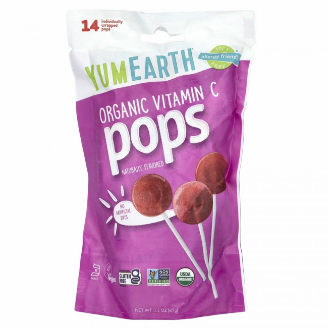 YumEarth, Organic Pops, витамин C, клубничное мороженое, ягоды раззматаз, вишня, 14 леденцов, 87 г (3,1 унции)
