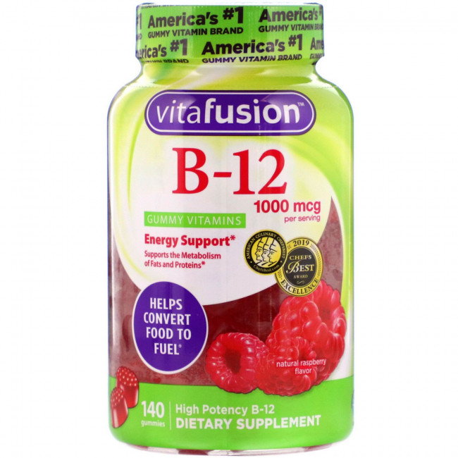 VitaFusion, B12, натуральный вкус малины, 500 мкг, 140 жевательных таблеток VitaFusion, B12, натуральный вкус малины, 500 мкг, 140 жевательных таблеток