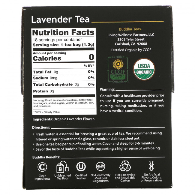 Buddha Teas, Органический травяной чай, лаванда, 18 чайных пакетиков, 24 г (0,83 унции)