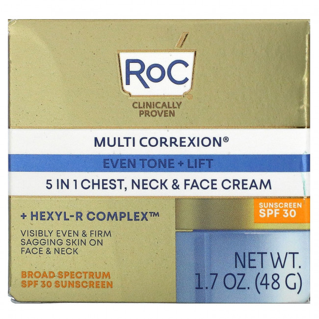 RoC, Multi Correxion, Ровный тон + Подтяжка, Крем 5 в 1 для груди, шеи и лица, SPF 30, 1,7 унции (48 г) RoC, Multi Correxion, Ровный тон + Подтяжка, Крем 5 в 1 для груди, шеи и лица, SPF 30, 1,7 унции (48 г)