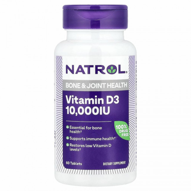 Natrol, витамин D3, здоровье костей и суставов, максимальная сила действия, 10 000 МЕ, 60 таблеток