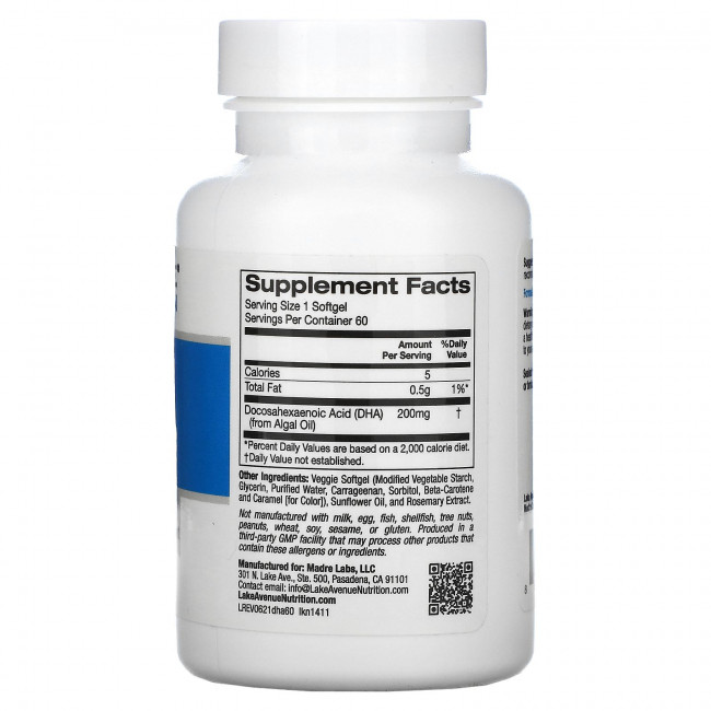 Lake Avenue Nutrition, ДГК из морских водорослей, растительные омега, 200 мг, 60 растительных капсул