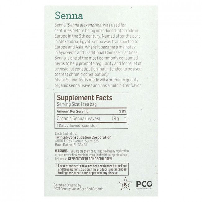 Alvita Teas, Organic Botanical Tea, Senna, Caffeine Free, 16 Individually Wrapped Tea Bags, 1.07 oz (30.4 g)