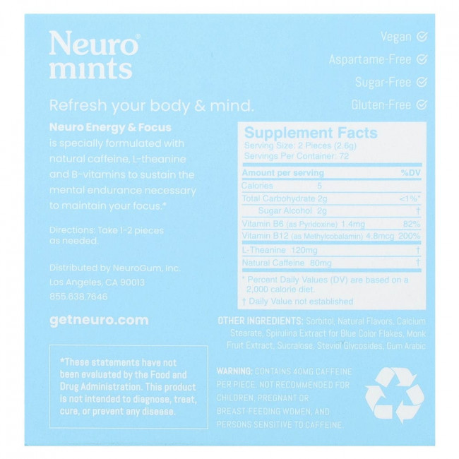 NeuroGum, NeuroMints, Energy & Focus, Peppermint, 12 Packs, 12 Pieces Each