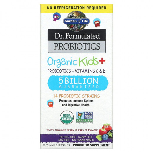 Garden of Life, Dr. Formated Probiotics, Organic Kids +, вкусные органические ягоды и вишня пробиотик, 30 вкусных жевательных таблеток &mdash; 
