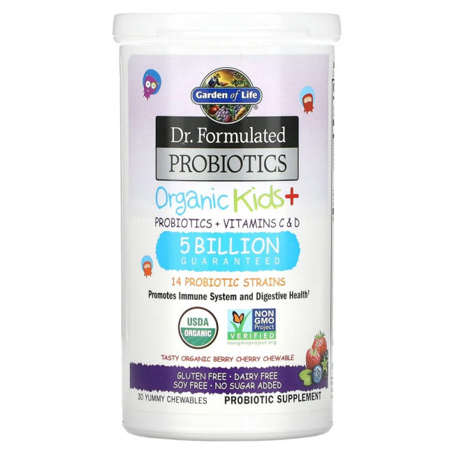 Garden of Life, Dr. Formated Probiotics, Organic Kids +, вкусные органические ягоды и вишня пробиотик, 30 вкусных жевательных таблеток