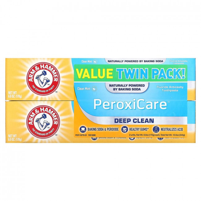 Arm & Hammer, PeroxiCare, Deep Clean, зубная паста против кариеса с фтором, чистая мята, двойная упаковка, 170 г (6,0 унций) каждая Arm & Hammer, PeroxiCare, Deep Clean, зубная паста против кариеса с фтором, чистая мята, двойная упаковка, 170 г (6,0 унций) каждая