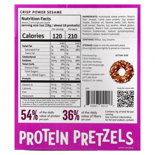 Crisp Power, Протеиновые крендели с кунжутом, 6 пакетиков по 50 г (1,75 унции) Crisp Power, Протеиновые крендели с кунжутом, 6 пакетиков по 50 г (1,75 унции)