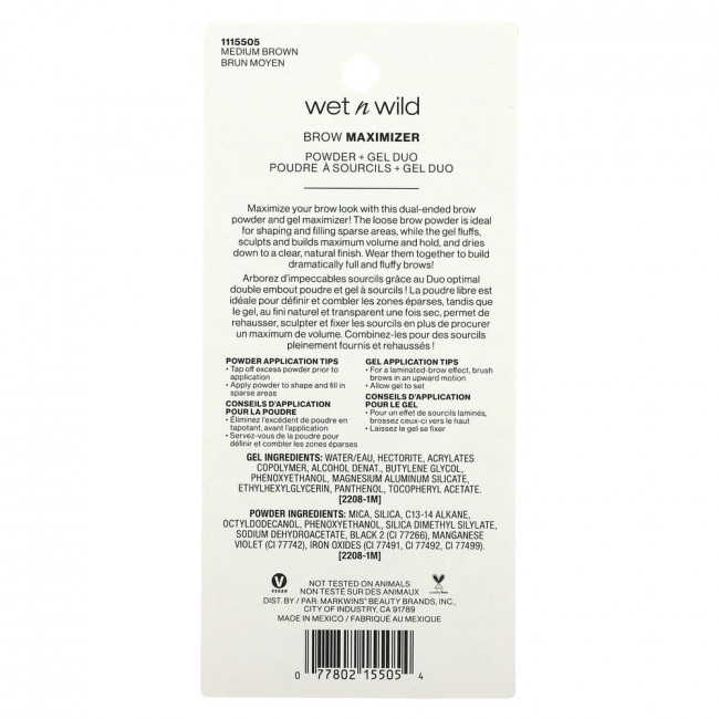 wet n wild, Brow Maximizer, пудра + гель Duo, коричневый цвет, пудра - 0,8 г (0,02 унции), гель - 3,5 мл (0,11 жидк. Унции)