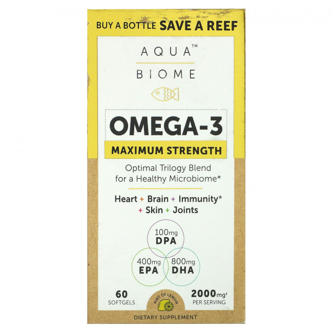 Enzymedica, Aqua Biome, омега-3, максимальная сила действия, лимонный вкус, 1000 мг, 60 капсул