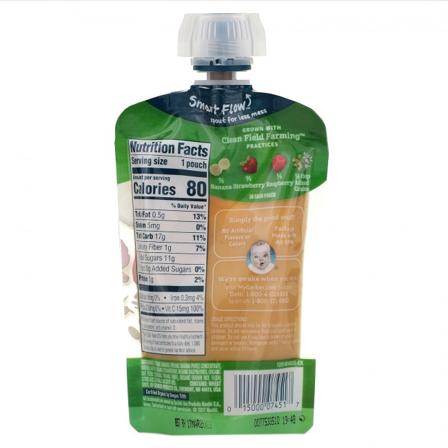 Gerber, Smart Flow, Organic, банан, клубника и малина, смешанные злаки, от 12 месяцев, 99 г (3,5 унции) Gerber, Smart Flow, Organic, банан, клубника и малина, смешанные злаки, от 12 месяцев, 99 г (3,5 унции)