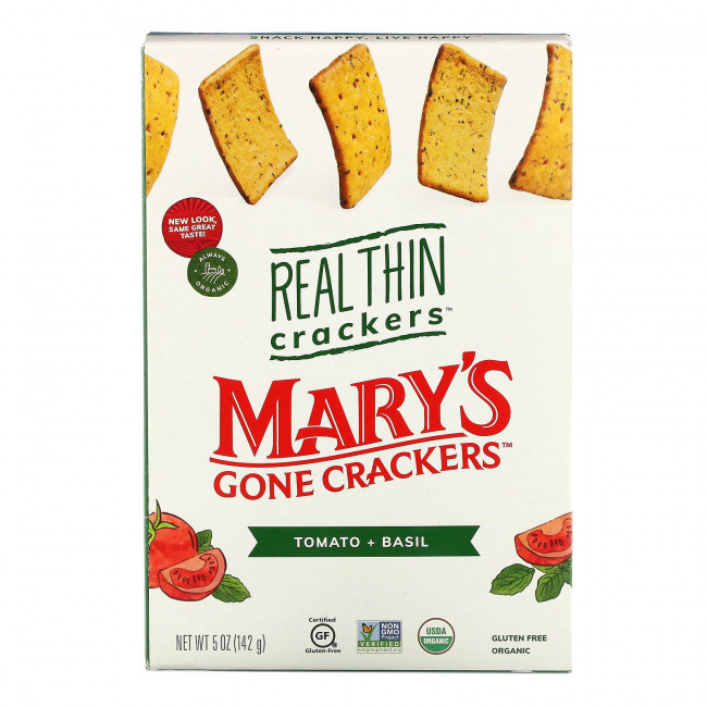 Mary's Gone Crackers, Настоящие тонкие крекеры, помидоры и базилик, 5 унций (142 г)