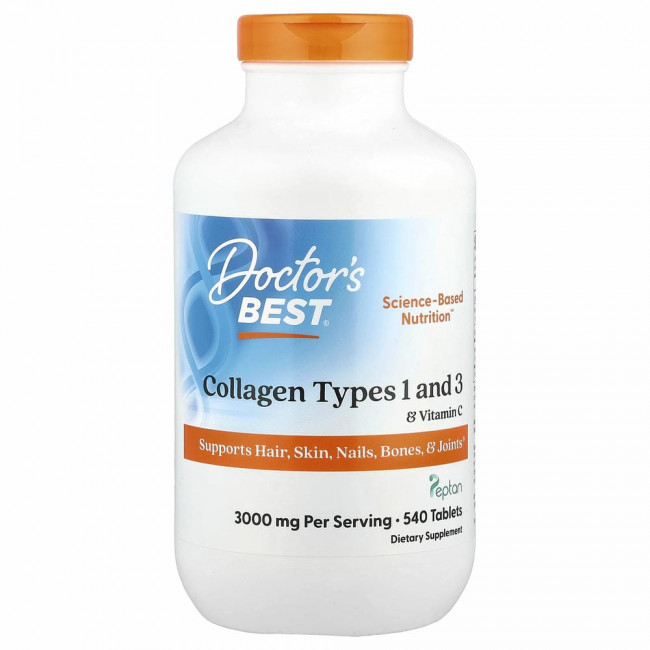 Doctor's Best, коллаген типа 1 и 3 с Peptan и витамином C, 1000 мг, 540 таблеток