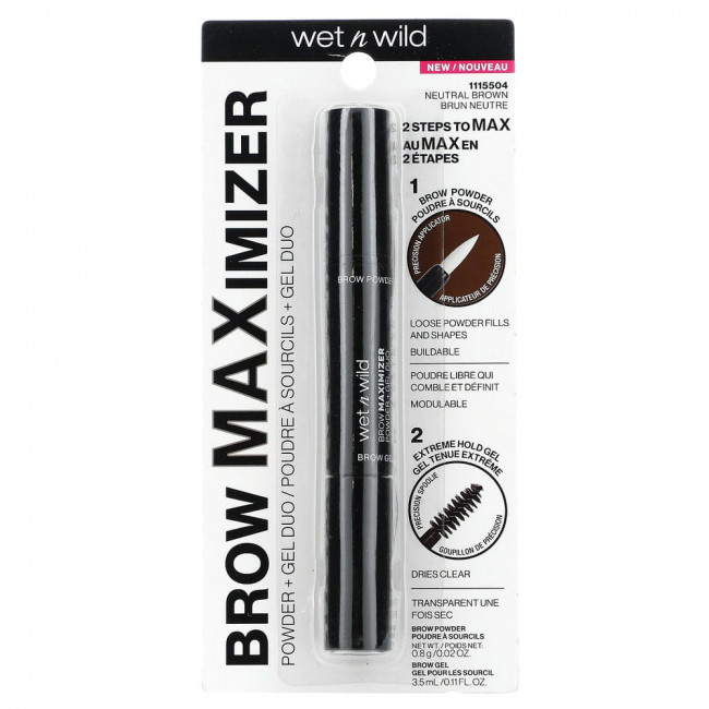 wet n wild, Brow Maximizer, пудра + гель Duo, нейтральный коричневый, пудра - 0,8 г (0,02 унции), гель - 3,5 мл (0,11 жидк. Унции)