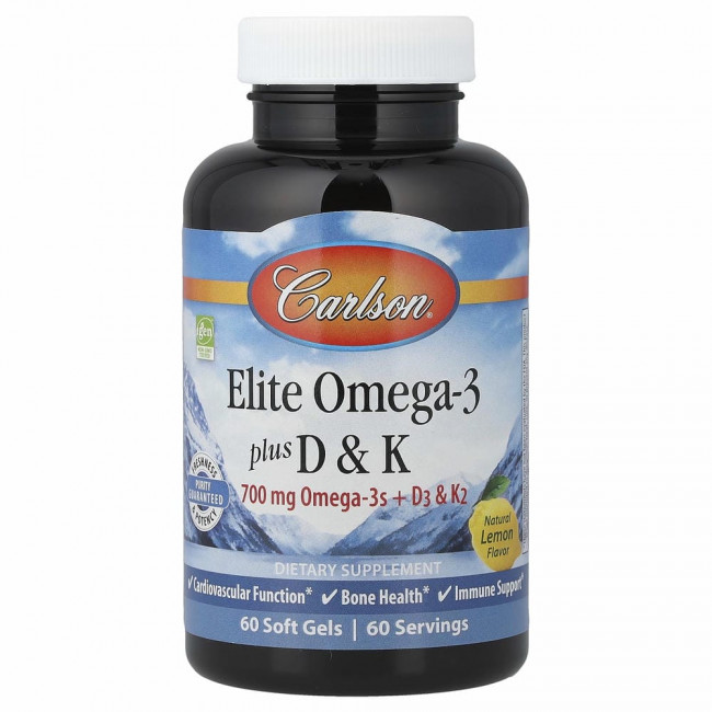 Carlson Labs, Elite Omega-3 с витаминами D и K, натуральный вкус лимона, 60 мягких таблеток Carlson Labs, Elite Omega-3 с витаминами D и K, натуральный вкус лимона, 60 мягких таблеток
