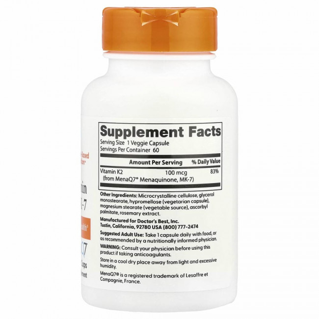 Doctor's Best, натуральный витамин K2 MK-7 с MenaQ7, 100 мкг, 60 вегетарианских капсул Doctor's Best, натуральный витамин K2 MK-7 с MenaQ7, 100 мкг, 60 вегетарианских капсул