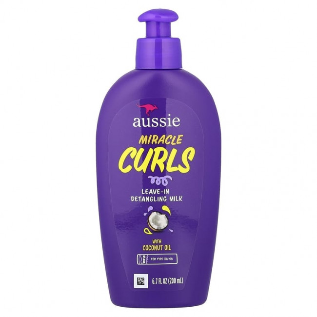 Aussie, Miracle Curls, несмываемое молочко для расчесывания волос с кокосовым маслом, для типов 3A–4A, 200 мл (6,7 жидк. унции) Aussie, Miracle Curls, несмываемое молочко для расчесывания волос с кокосовым маслом, для типов 3A–4A, 200 мл (6,7 жидк. унции)