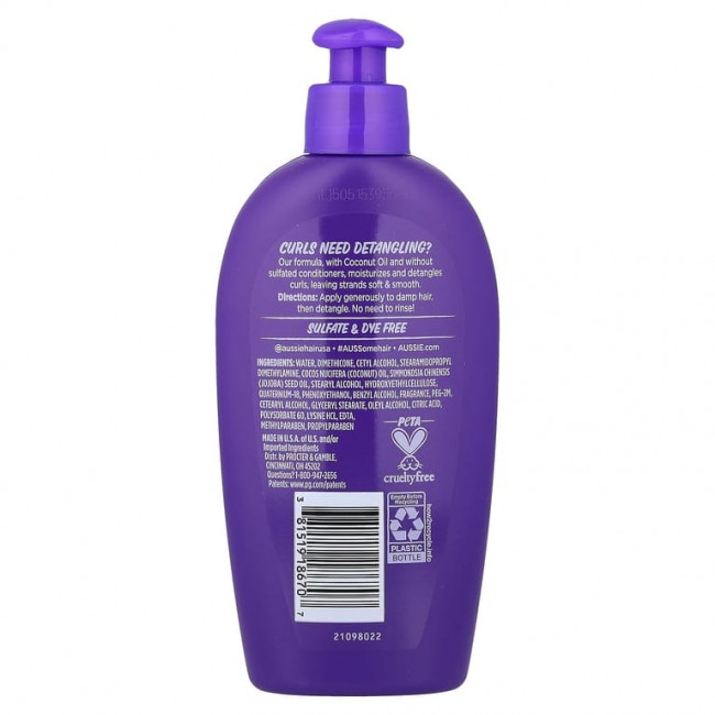 Aussie, Miracle Curls, несмываемое молочко для расчесывания волос с кокосовым маслом, для типов 3A–4A, 200 мл (6,7 жидк. унции) Aussie, Miracle Curls, несмываемое молочко для расчесывания волос с кокосовым маслом, для типов 3A–4A, 200 мл (6,7 жидк. унции)