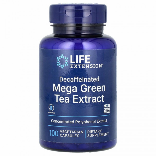 Life Extension, мегаэкстракт зеленого чая, без кофеина, 100 вегетарианских капсул