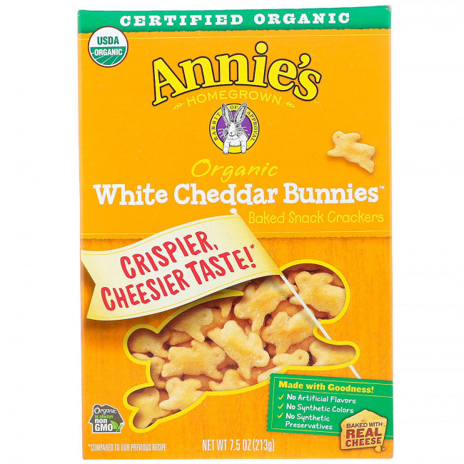 Annie's Homegrown, Органические кролики с белым чеддером, запеченные крекеры, 213 г (7,5 унции) Annie's Homegrown, Органические кролики с белым чеддером, запеченные крекеры, 213 г (7,5 унции)