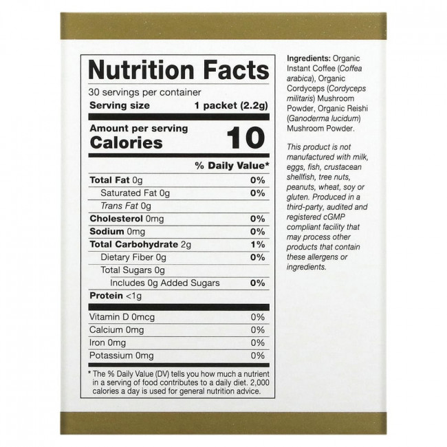 California Gold Nutrition, SUPERFOODS, Caf?Ceps, органический растворимый кофе с кордицепсом и рейши, 30 пакетиков по 2,2 г (0,08 унции)