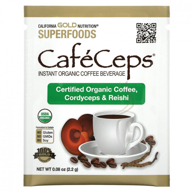 California Gold Nutrition, SUPERFOODS, Caf?Ceps, органический растворимый кофе с кордицепсом и рейши, 30 пакетиков по 2,2 г (0,08 унции)