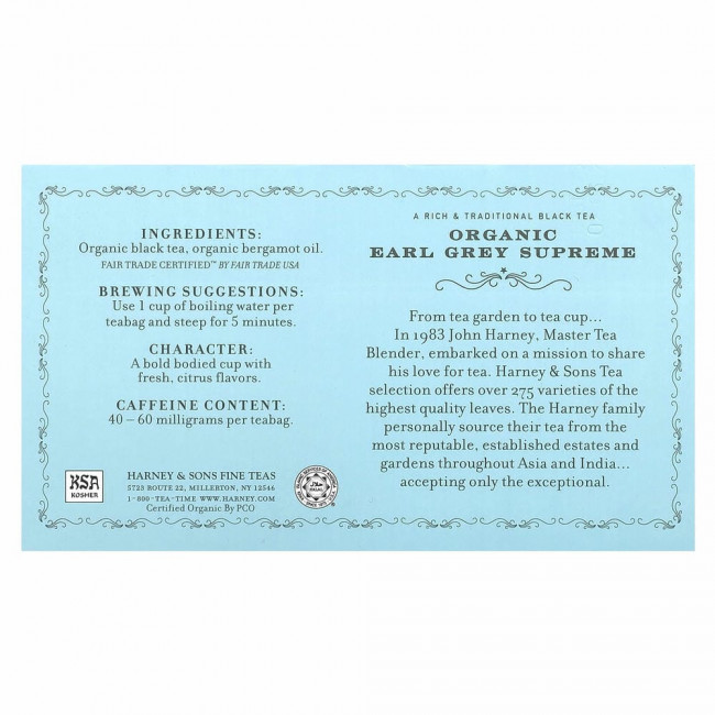 Harney & Sons, A Rich & Traditional Black Tea, Органический Earl Grey Supreme, 50 чайных пакетиков, 3,17 унции (90 г)