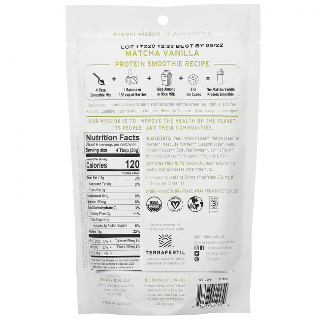 Essential Living Foods, Органический смузи с ванильным протеином и маття, 170 г (6 унций)