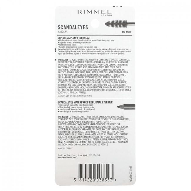 Rimmel London, Тушь для ресниц Scandaleyes с водостойким лайнером Kohl Kajal, 003 Extreme Black, набор из 2 предметов