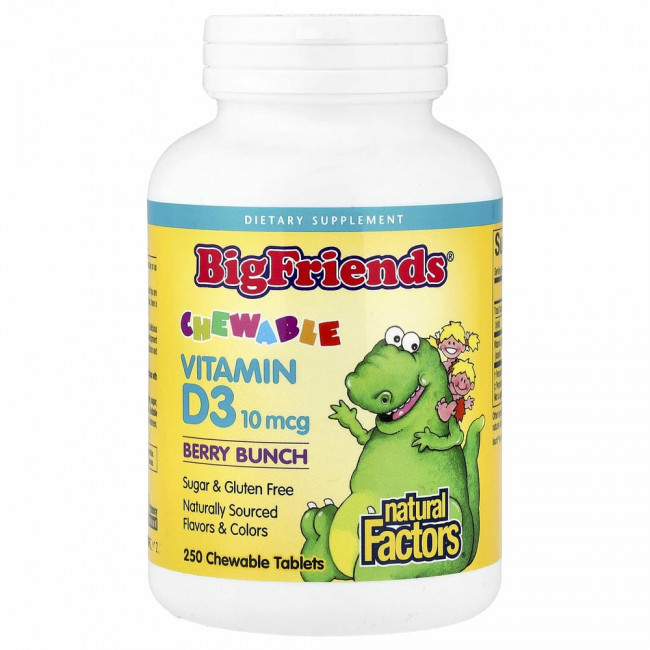 Natural Factors, Big Friends, жевательный витамин D3, ягодный вкус, 10 мкг, 250 жевательных таблеток