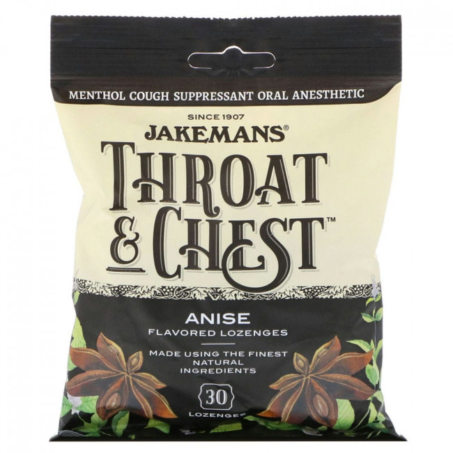 Jakemans, Throat & Chest, Anise Flavored, 30 таблеток для рассасывания Jakemans, Throat & Chest, Anise Flavored, 30 таблеток для рассасывания