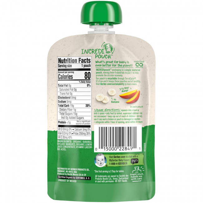Gerber, Organic for Baby, 2nd Foods, банан, манговое пюре, 90 г (3,17 унции)